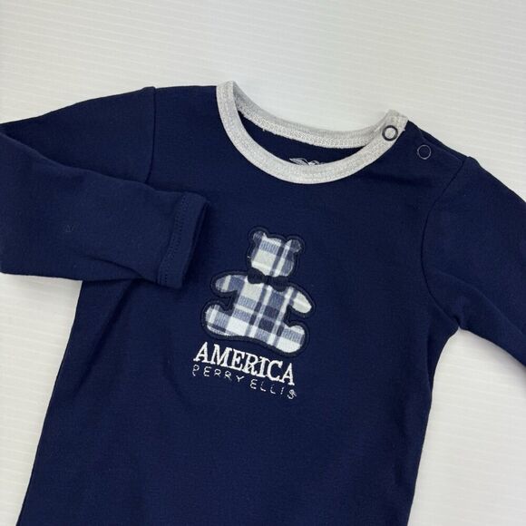 Perry Ellis America Baby Boy Sleeper 9M Navy Plaid Teddy Bear Footed Pajamas NWT - Picture 2 of 11